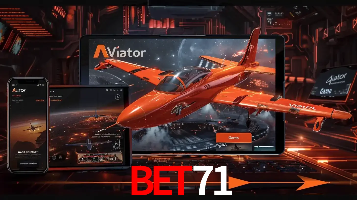 Apresentação tecnológica do jogo Aviator com um avião saindo da tela de um tablet, demonstrando a experiência imersiva em múltiplos dispositivos no bet71.