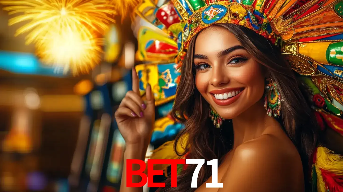 Mulher sorridente com um cocar de carnaval vibrante e colorido, celebrando uma grande vitória nos jogos do cassino bet71 com fogos de artifício ao fundo.