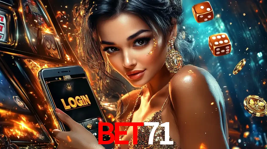 Mulher glamourosa segurando um celular com a tela de login do cassino bet71, rodeada por dados e moedas douradas, pronta para começar a diversão.