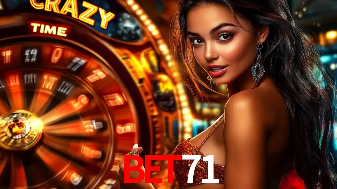 Mulher ao lado da roda de prêmios do jogo de cassino ao vivo Crazy Time, um dos shows de jogos mais emocionantes oferecidos pela plataforma de apostas bet71.