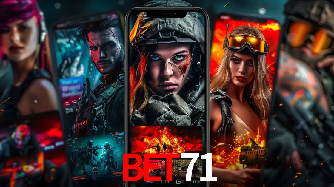 Montagem de telas de celular mostrando diversos personagens, masculinos e femininos, de um jogo de tiro, ilustrando a diversidade de equipes de e-sports para apostar no bet71.