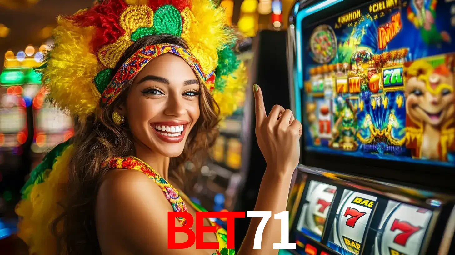 Mulher animada com um cocar de carnaval apontando para uma máquina de caça-níqueis, mostrando a emoção de ganhar um grande prêmio nos jogos do bet71.