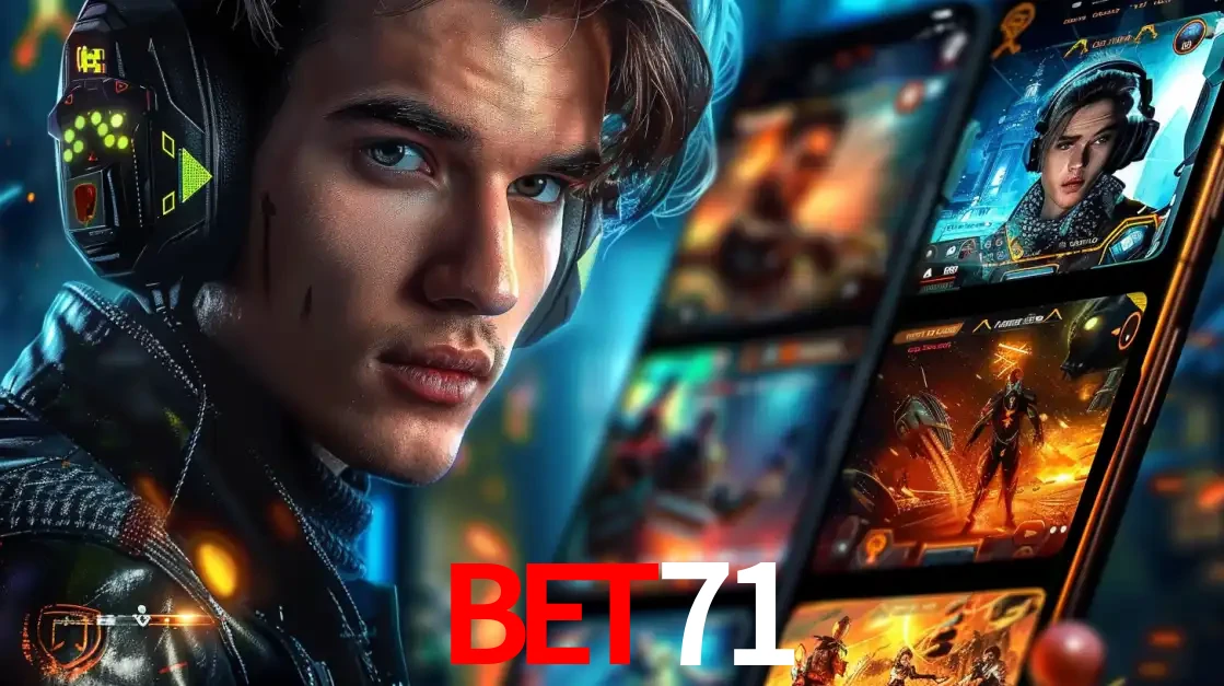 Jovem jogador com fones de ouvido olhando para a câmera, com um aplicativo de jogos e e-sports para celular ao fundo, pronto para a competição e apostas no bet71.