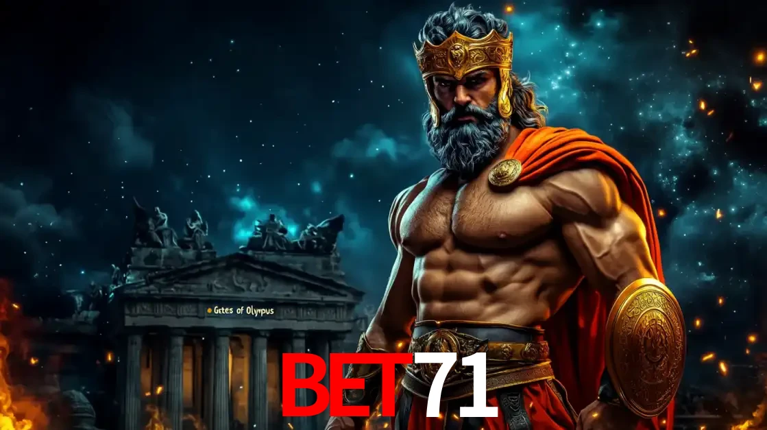 O poderoso Zeus do jogo de slot Gates of Olympus em frente ao seu templo, pronto para lançar multiplicadores divinos e prêmios épicos no cassino online bet71.