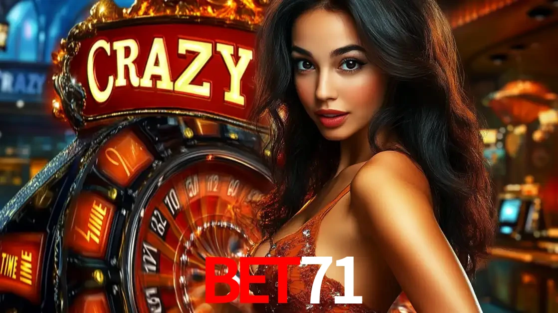 Mulher glamourosa olhando para a câmera com a roda vermelha do Crazy Time ao fundo em um ambiente de cassino, destacando a emoção dos jogos ao vivo no bet71.
