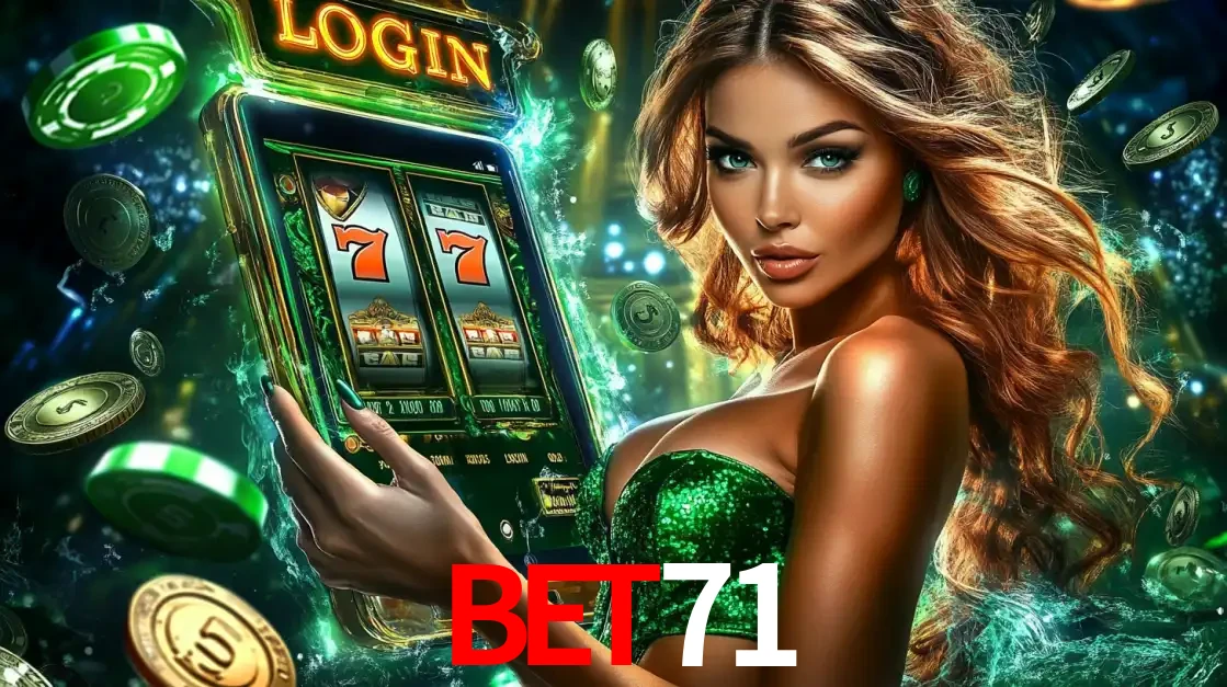 Mulher com tema verde apresentando o aplicativo do cassino bet71 com um jogo de slot de 777, cercada por fichas de cassino e uma aura de sorte.
