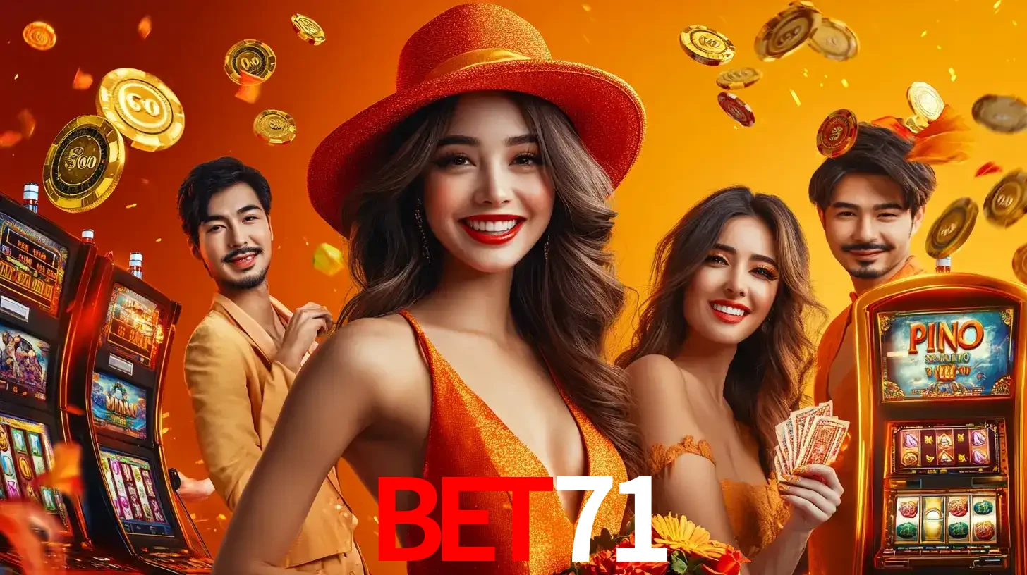 Grupo de amigos asiáticos sorrindo e se divertindo com máquinas de caça-níqueis em um ambiente festivo, celebrando suas vitórias nos jogos de cassino do bet71.