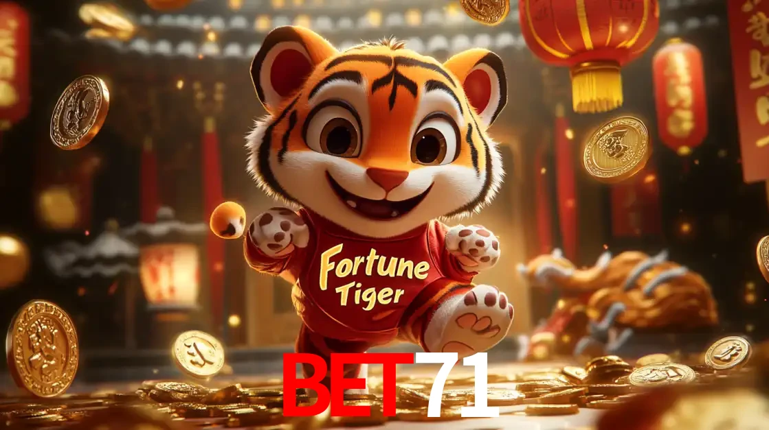 O alegre personagem do Fortune Tiger correndo sobre um caminho de moedas de ouro, simbolizando os grandes prêmios e a diversão do popular jogo de slot do bet71.