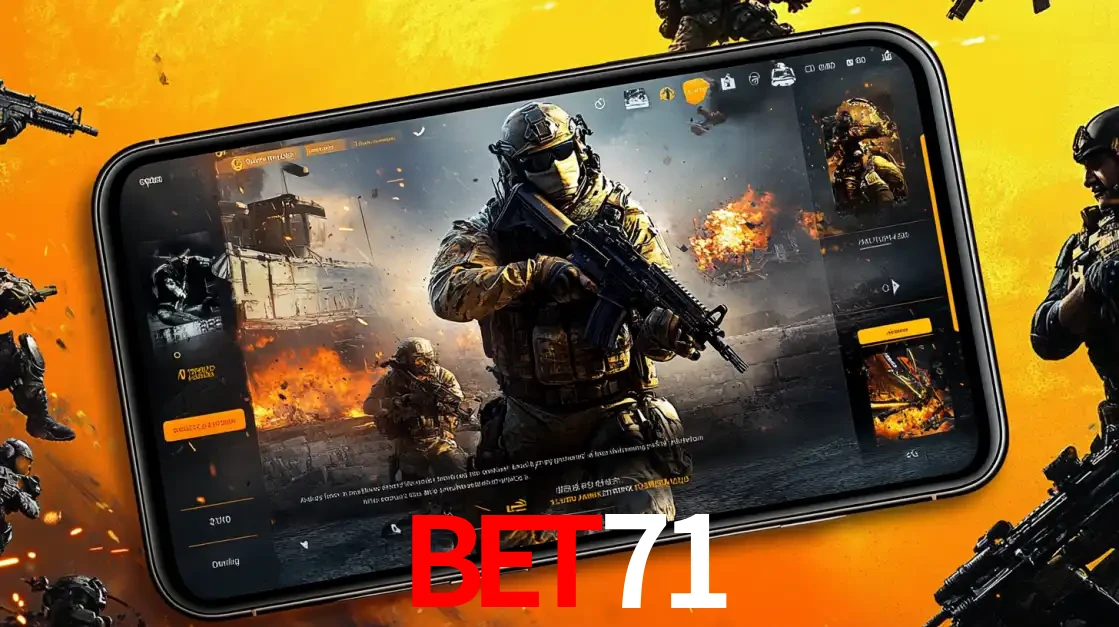 Um smartphone exibindo a interface de um jogo de tiro em primeira pessoa, com um soldado em um cenário de batalha, representando a ação dos e-sports para apostar no bet71.