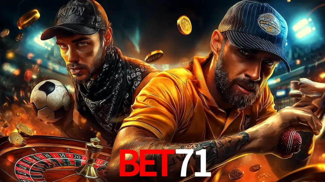 Montagem de apostas esportivas e cassino no bet71, com um homem segurando uma bola de futebol e outro uma de beisebol sobre uma roleta e moedas voadoras.