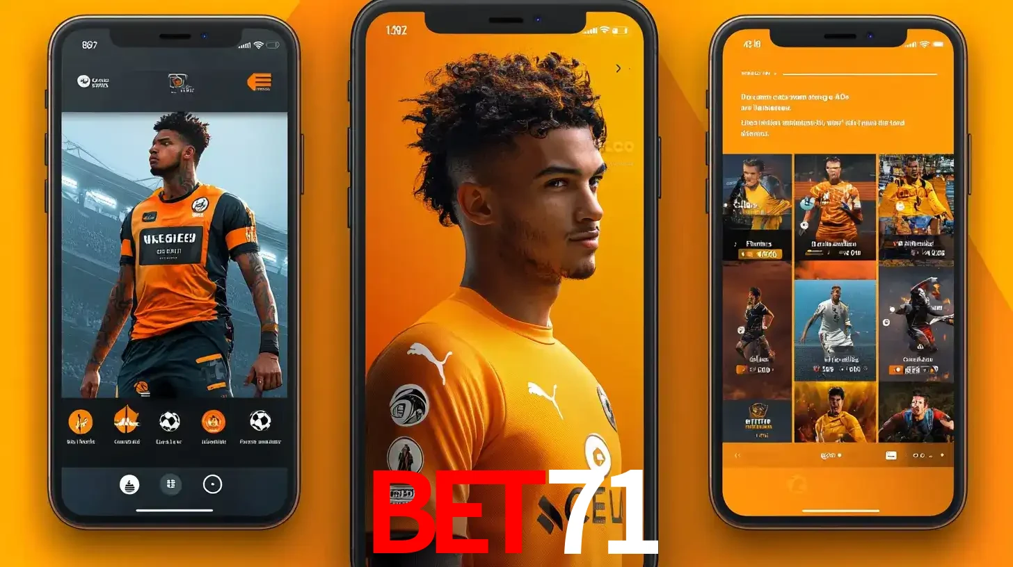 Interface do aplicativo de apostas esportivas bet71 em três telas de celular, mostrando o perfil de um jogador de futebol e a lista de jogos disponíveis para apostar.