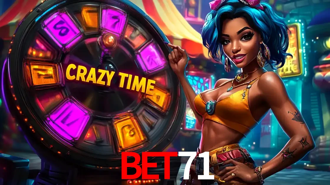 Mulher estilizada com cabelo azul e visual vibrante posando ao lado da roda de prêmios do game show Crazy Time, convidando para a diversão e os bônus do cassino bet71.