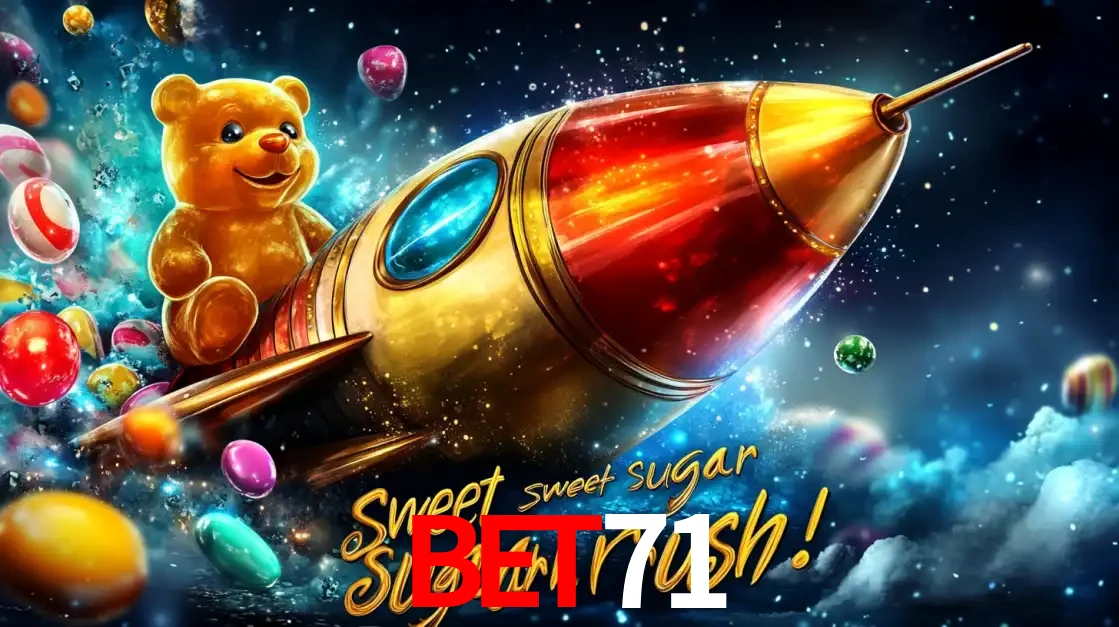 Arte promocional do jogo de slot Sugar Rush, com um urso de pelúcia em um foguete viajando pelo espaço de doces, um dos jogos divertidos disponíveis no cassino bet71.