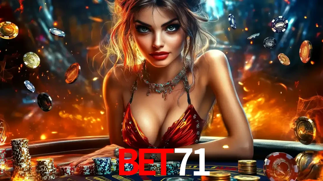 Mulher em uma mesa de cassino com pilhas de fichas e um fundo de fogo, pronta para uma rodada de altas apostas nos jogos de mesa emocionantes do cassino bet71.