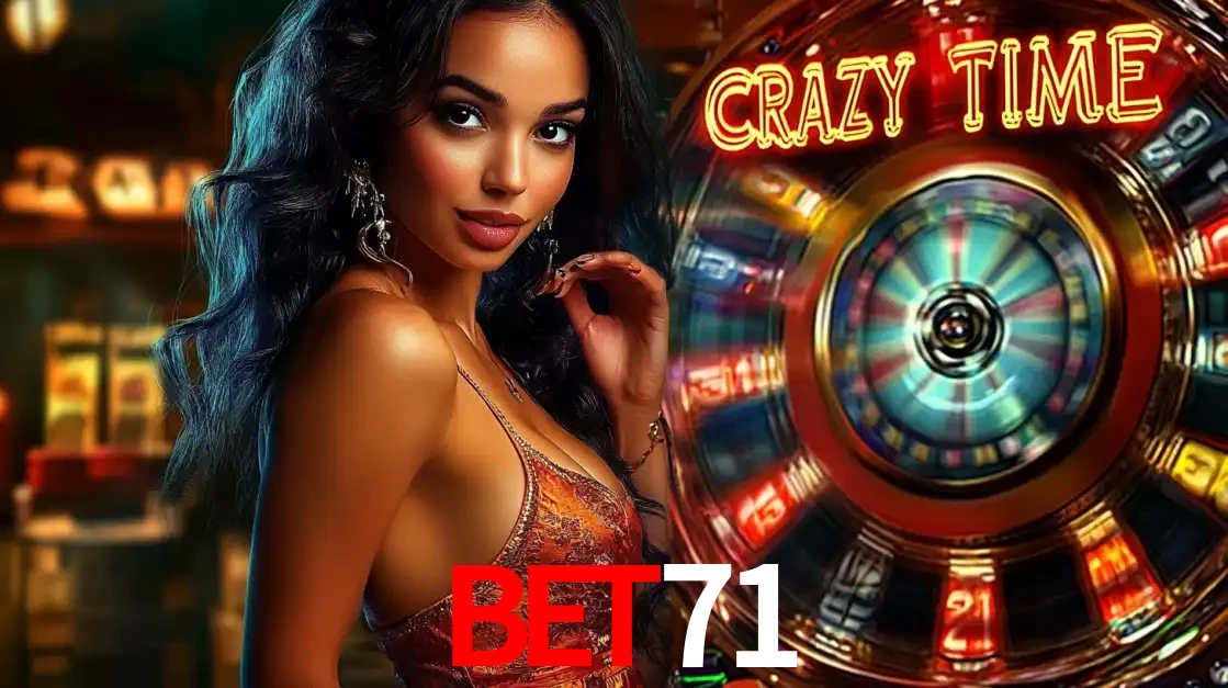 Mulher elegante ao lado da vibrante roda da fortuna do jogo de cassino ao vivo Crazy Time, um dos game shows mais populares e cheios de prêmios do bet71.