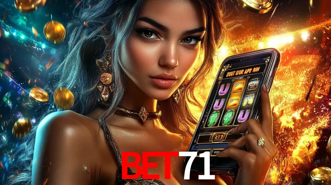 Mulher elegante mostrando um jogo de caça-níqueis em seu smartphone, destacando a experiência de cassino móvel oferecida pelo aplicativo bet71.