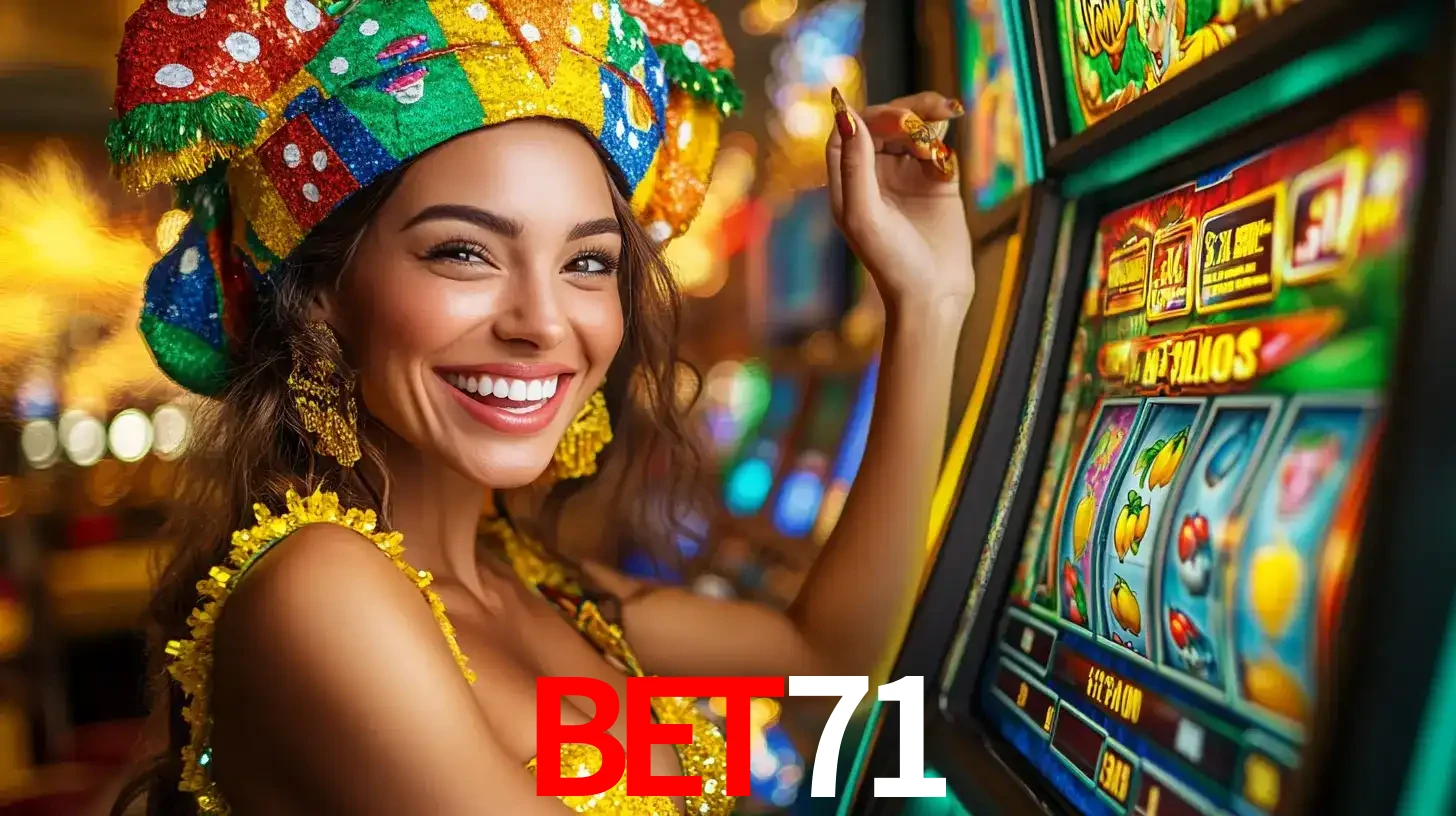 Mulher feliz com traje de carnaval amarelo e colorido ao lado de uma máquina de caça-níqueis, aproveitando a diversão e os jogos temáticos do cassino bet71.