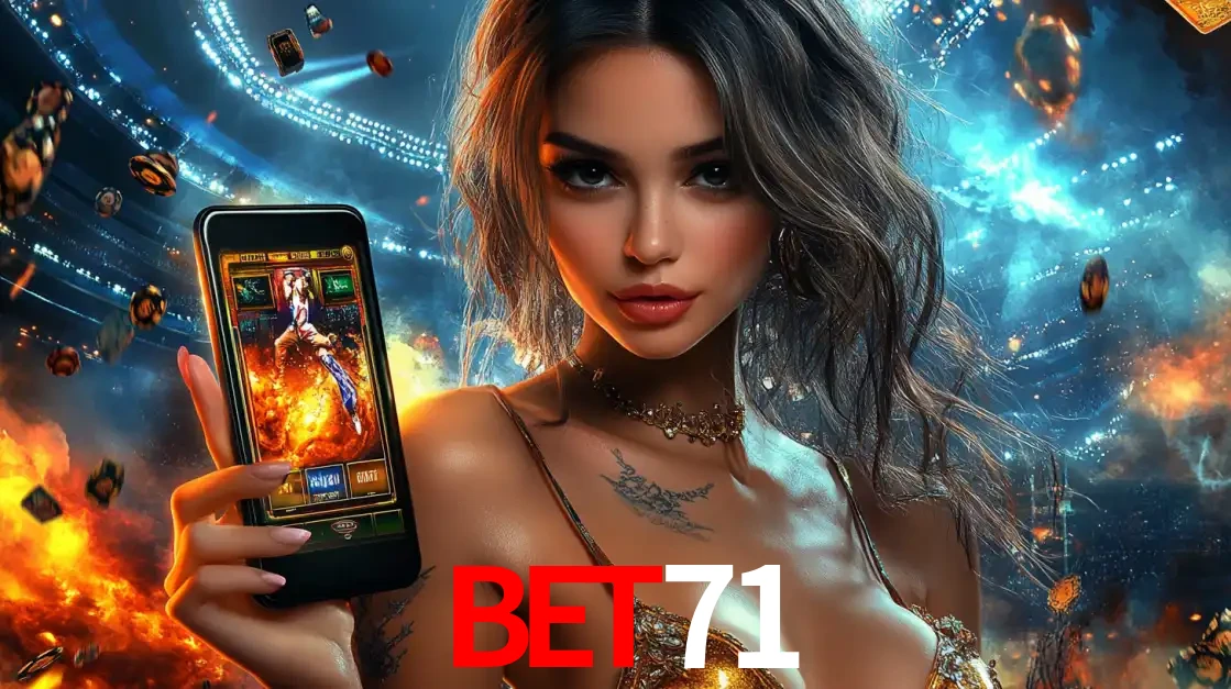 Mulher segurando um celular com um jogo de slot em destaque, tendo como fundo um estádio vibrante, simbolizando a emoção de jogar no cassino móvel bet71.