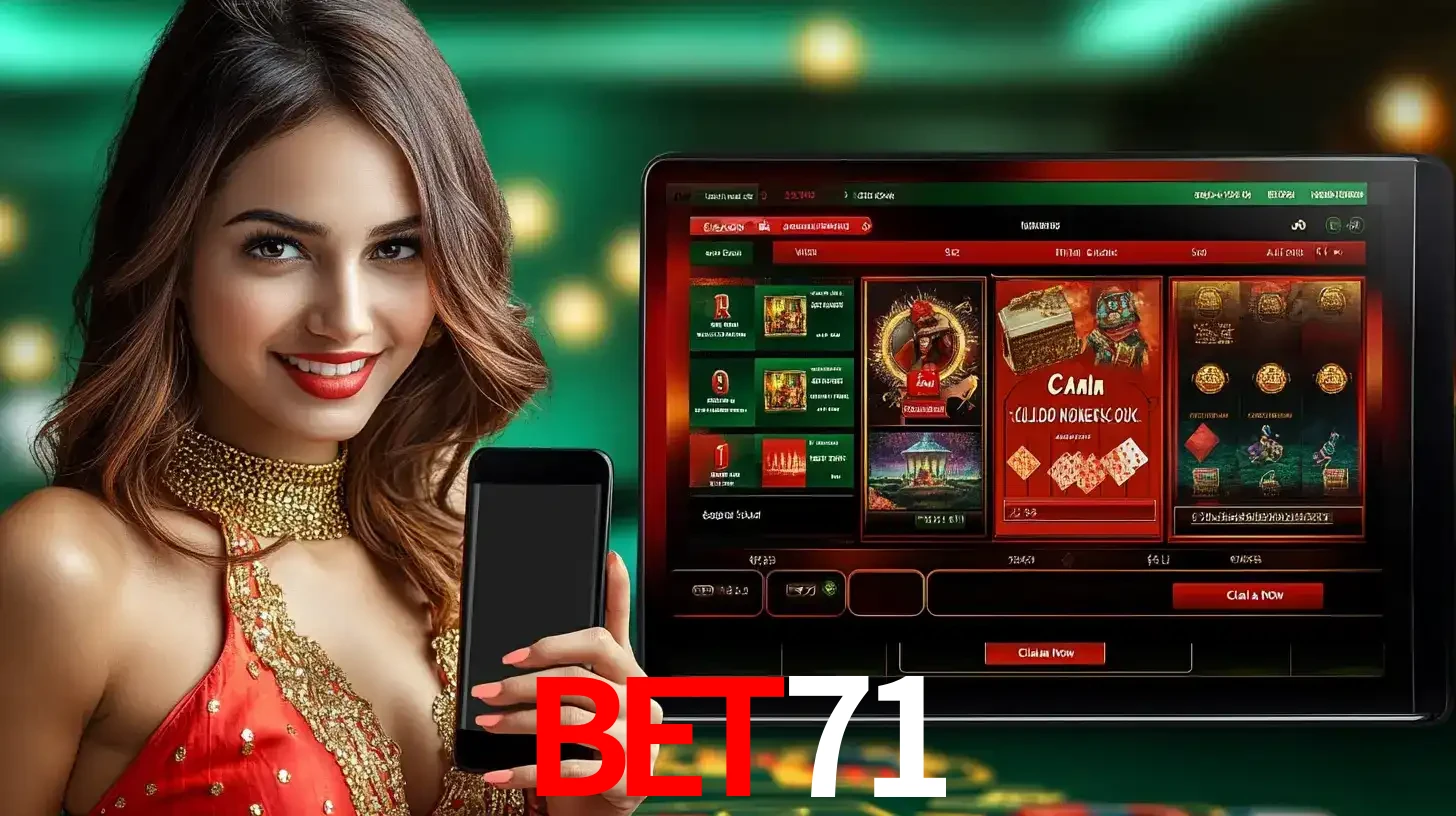 Mulher sorridente segurando um smartphone, ao lado de uma tela exibindo o lobby de jogos do cassino online bet71, com várias opções de jogos de cartas e slots.
